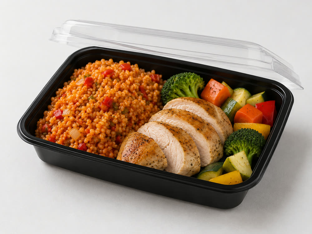Grilled chicken breast with bulgur pilaf and roasted vegetables