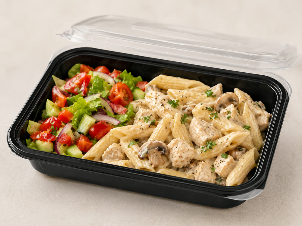 Creamy mushroom chicken thigh pasta with cucumber tomato salad