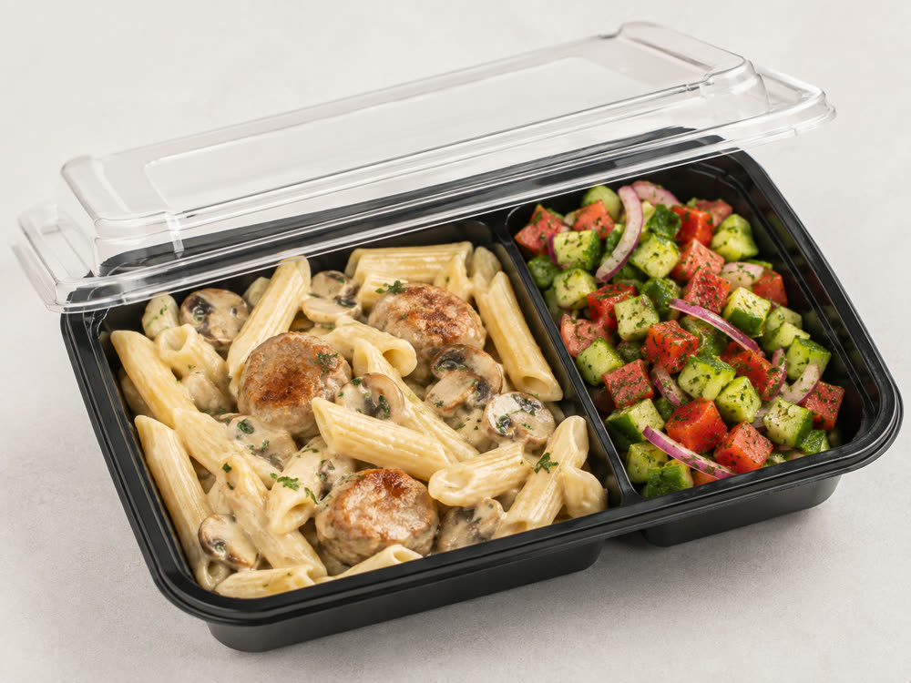 Meatball mushroom pasta with cucumber tomato salad